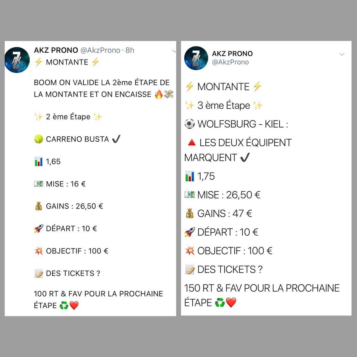 AkzProno's tweet photo. Énorme journée aujourd’hui avec un excellent PERFECT soit 16 pronos sur 16 validés dont 2 étapes de montante, 10/10 en sélection tennis, et 2/2 en combiné et on encaisse en masse 🔥💸🤩

Un max de soutien 🙏💪

200 RT &amp; FAV pour les pronos de demain ♻️❤️

#TeamParieur https://t.co/TewcBFHkEJ