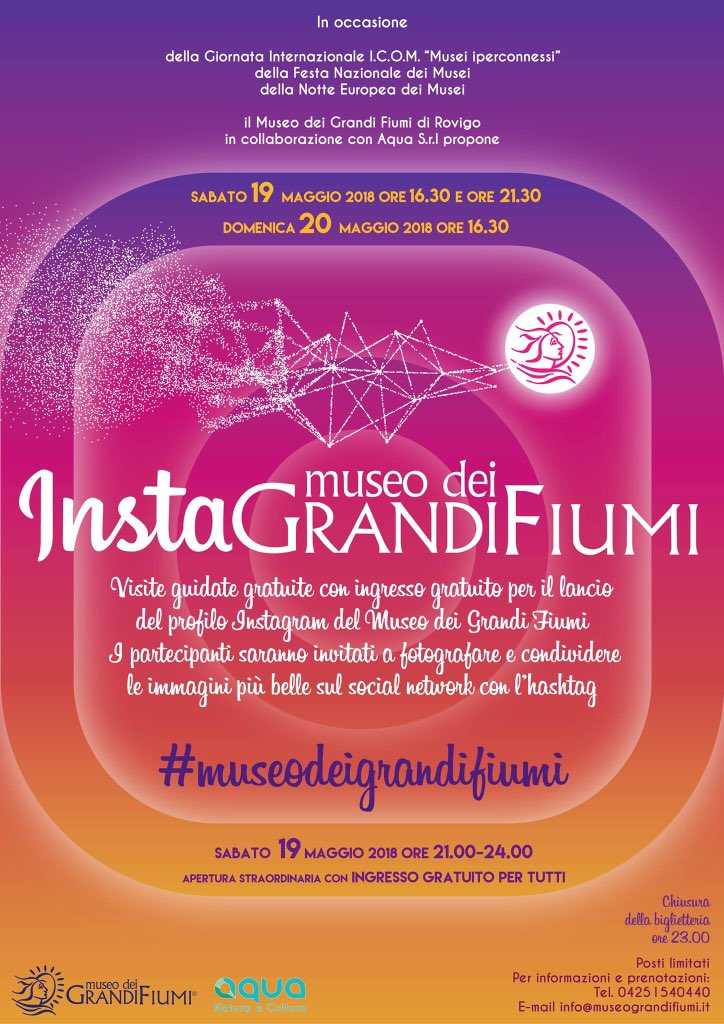 mydeltapo's tweet photo. Il Museo dei Grandi Fiumi in occasione 
della Giornata Internaz “Musei iperconnessi”, della Festa Nazionale dei Musei e della Notte Europea dei Musei, propone:INSTAGRAndi Fiumi!🎉📸
Visite guidate gratuite con ingresso gratuito per il lancio del profilo Instagram del Museo 🏛👏🏻 https://t.co/DLGUyGXJnD