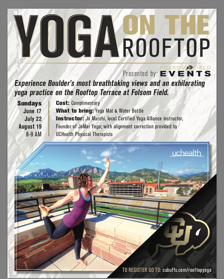 JoMarYoga's tweet photo. Summer is right around the corner and so is Rooftop Yoga season!! Save the dates for amazing yoga in the most beautiful place with @folsom_events and @uchealth 💛🌟🙌🏽😎🙏🏽

Registration is open at https://t.co/SuToCPVbSo 

#Yoga #Joga #Boulder #RooftopYoga #FreeYoga #GoBuffs https://t.co/hxpB5aVnJY