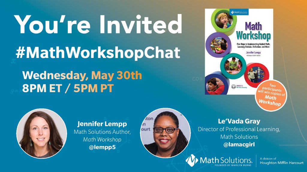 Join us Wednesday, 5/30 at 8pm ET / 5pm PT for our May #MathWorkshopChat! <a href="/lempp5/">Jennifer Lempp</a> and <a href="/lamacgirl/">Vada Gray</a> will host our discussion and we'll be giving away copies of #MathWorkshop. Join us! spr.ly/6016D5c8Y #msmathchat #elemmathchat #mathchat #edchat #mtbos #iteachmath