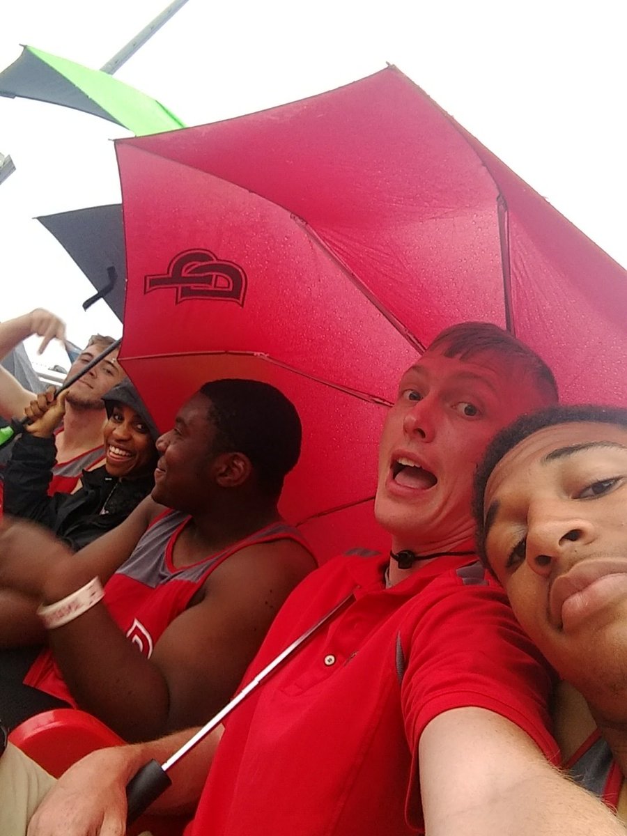 MsPhysEduDP's tweet photo. A little ☔ never stopped these #DPCats. Moving on to district finals so far is J. Anderson in the 100. The girls and boys mile has been moved to a final on Saturday. @DP_Athletics #TrackAndField #OurWetIsWet https://t.co/NNlxdp3Xbb