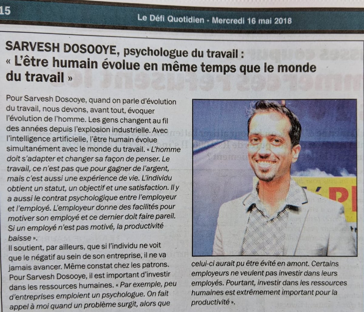 ForwardPsy's tweet image. Newspaper extract on the #evolutionofwork. #Work is not only a means to get a #salary but so much more. Work can also procure #satisfaction and #happiness given the right conditions. #Investment in #people can #prevent certain #problems from occurring. #Preventionbetterthancure