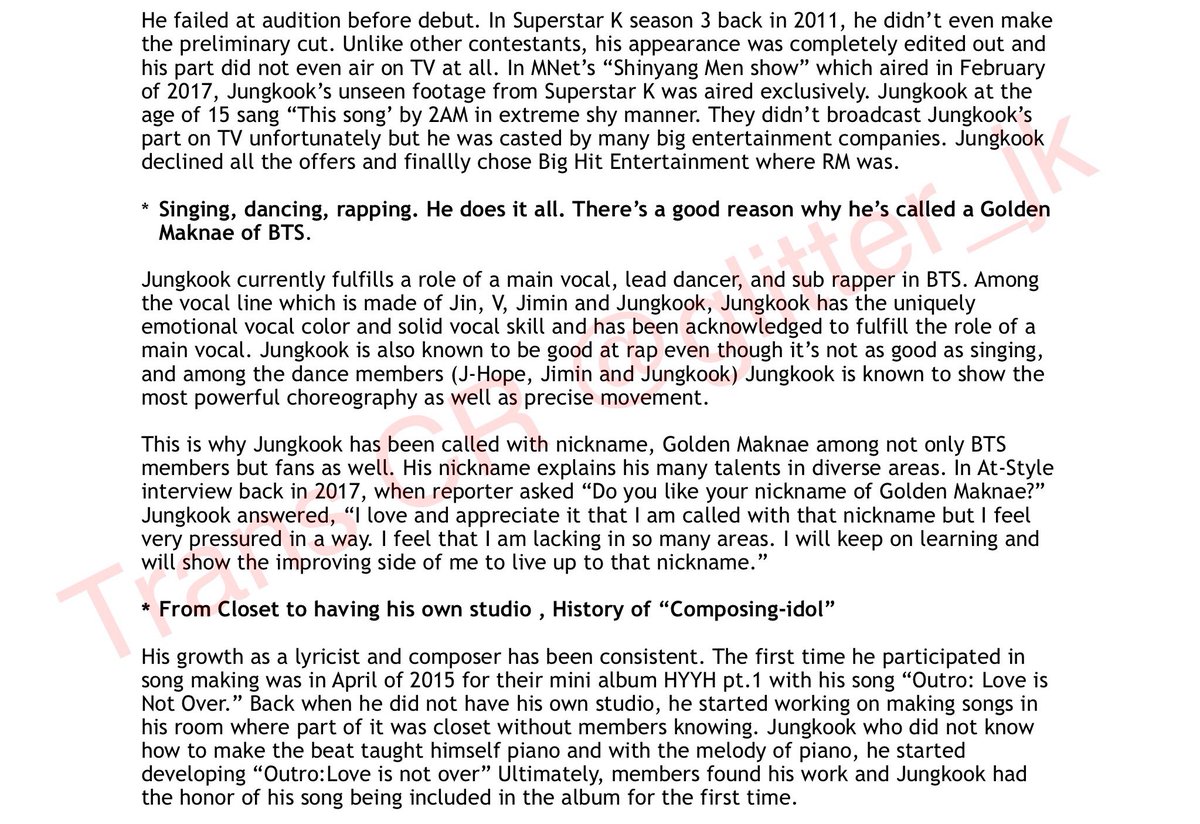 JK_Glitters's tweet photo. [FULL TRANS] From a boy who’s been completely edited out from an audition program Superstar K to becoming main composing-idol @BTS_twt Golden Maknae Jungkook’s surprising growth story.

https://t.co/pEgdGaLq4N

Yes, I got a bit emotional while translating this😭

#iVoteBTSBBMAs https://t.co/0Kuat2Wq6p
