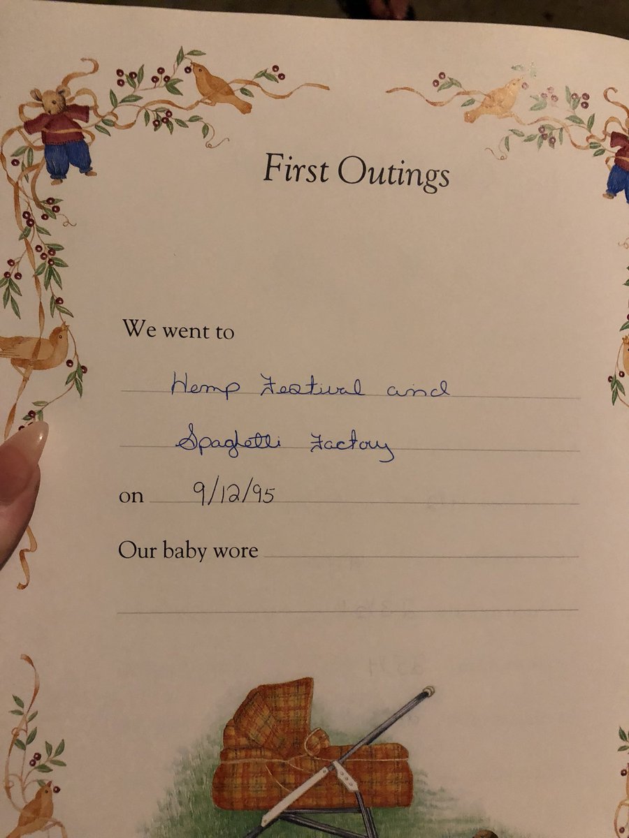 kaittxoxo's tweet photo. Went through a baby book my parents have. My first outing was the fucking hemp fest in Seattle during the 90s. I wasn’t even a month old yet #imacoolbaby https://t.co/R8Kw64L7bS