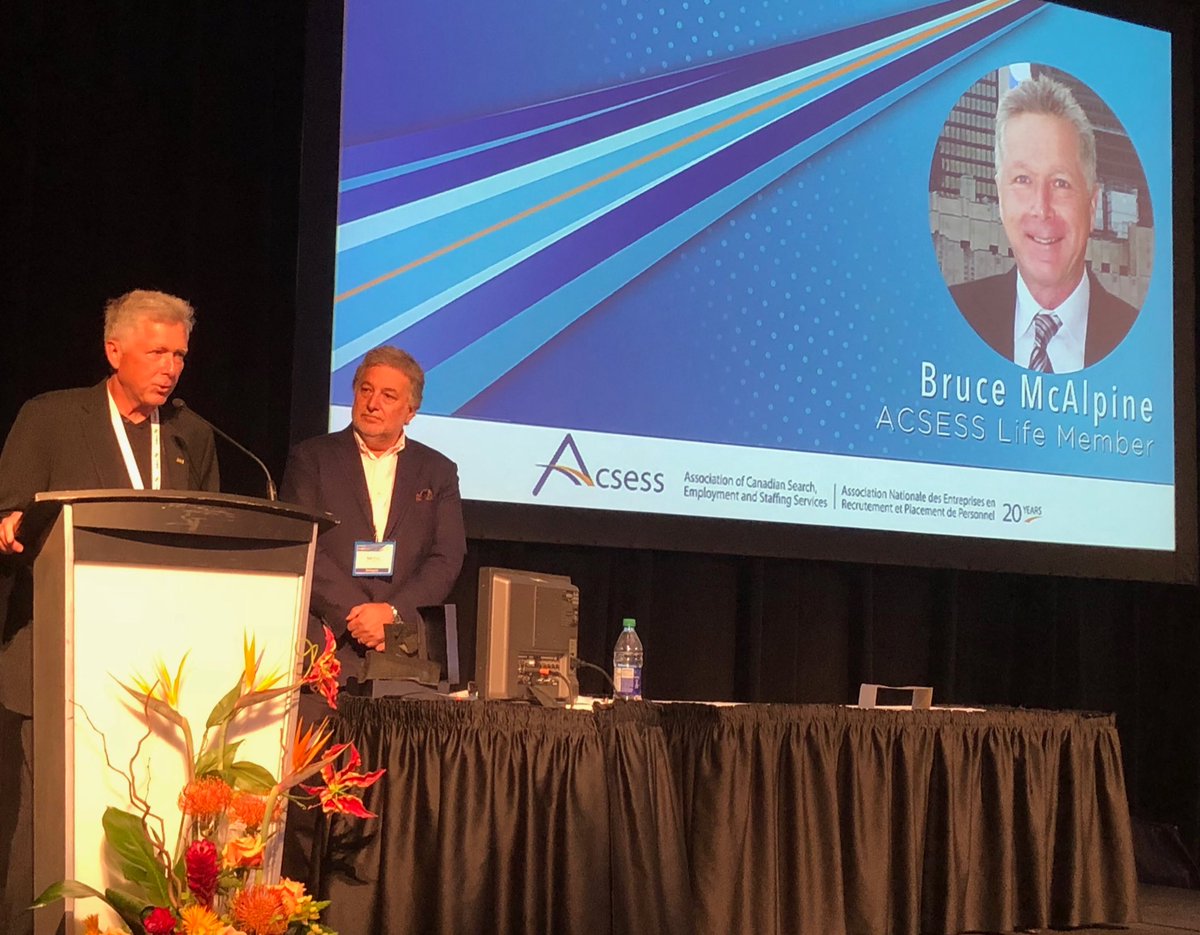 ACSESSCanada's tweet photo. One more award... ACSESS president Bruce McAlpine of @FulcrumSearch (l) was honoured for his outstanding career with a life membership. Congratulations & a heartfelt thanks to Bruce for your unwavering dedication to ACSESS. #ACSESS2Work2018 #staffing #recruiting #leadership https://t.co/X6cEDUjc5a