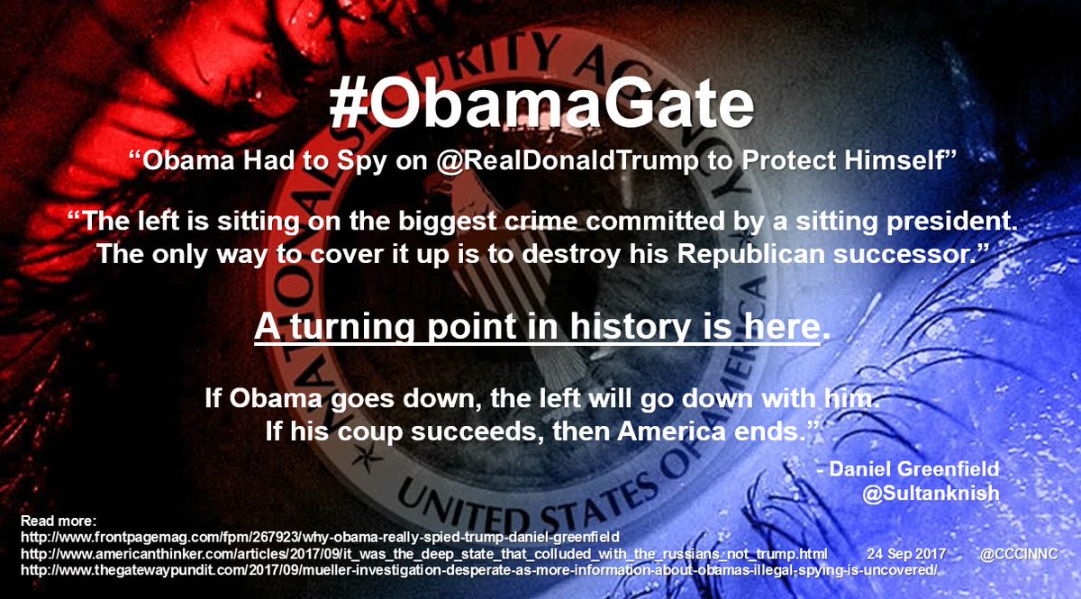 NoSurrender200's tweet photo. @nancylee2016 #MakeMuellerTestify...#ObamaGate 
"Obama had to spy on @realDonaldTrump to protect himself"
..."The Biggest Crime by a sitting President" Against #WeThePeople
...to Destroy his Republican Successor
Worse Than #WaterGate... https://t.co/vc6qiJXQl2