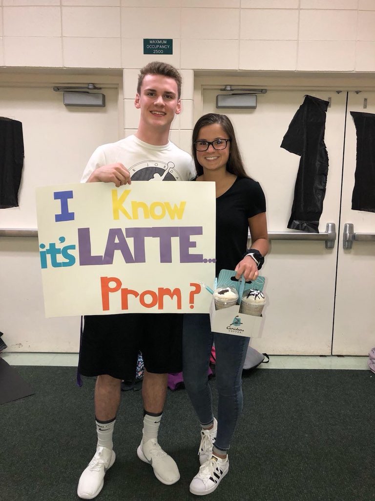 FHSPROM2018's tweet photo. a PROMposal two days before prom? better latte than never, right @BenMalmanger?? https://t.co/MmEYtNwU8j