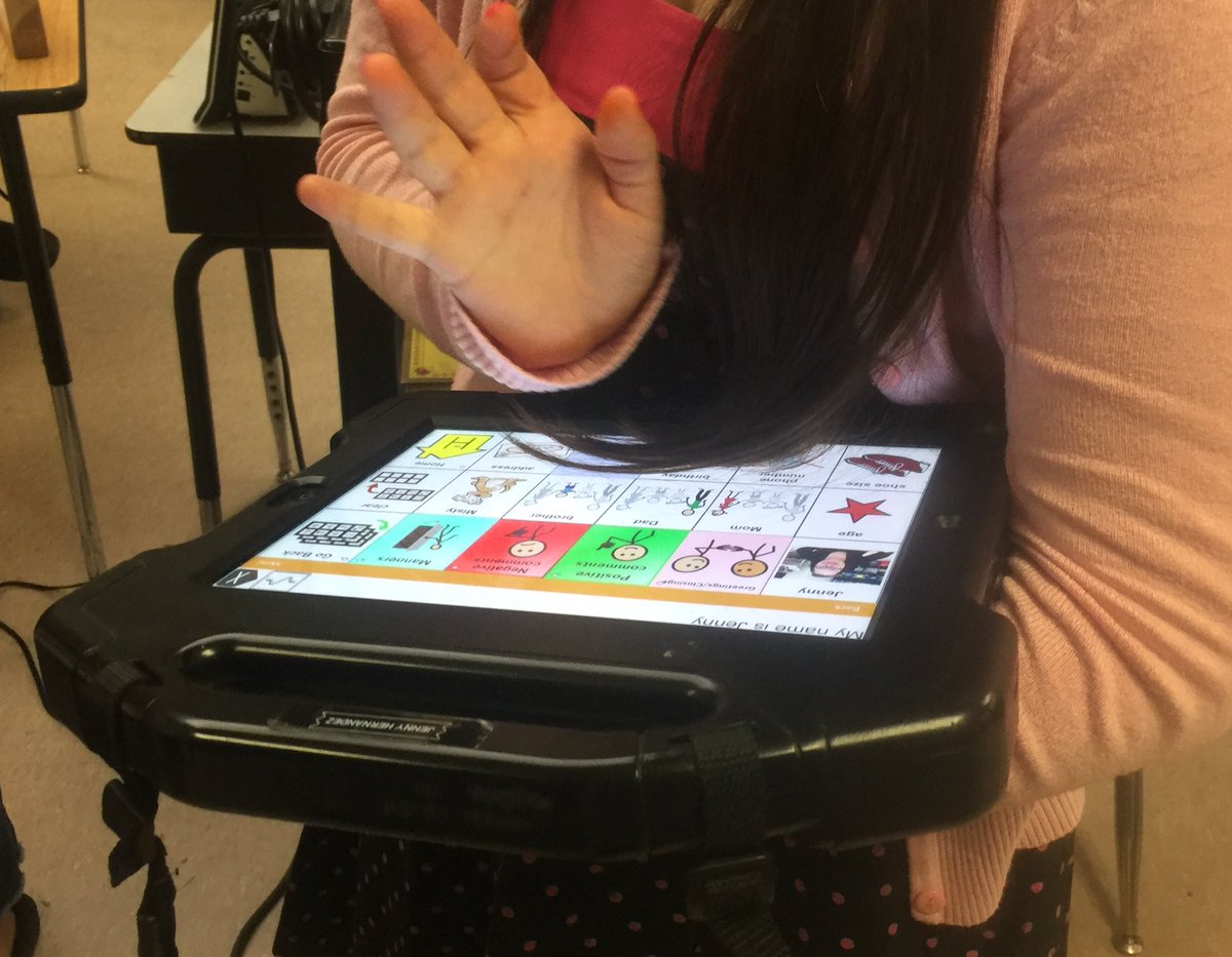 HUSDSpecialEd's tweet photo. A student using her assistive technology to speak, asking our names and how we are doing. Thankful for technology providing some of our students with a voice and for our staff who teach our students how to use their devices.  @mrs_jjones @WestValleyHS_SS #HUSDpremier https://t.co/Zp1ch7MNYt
