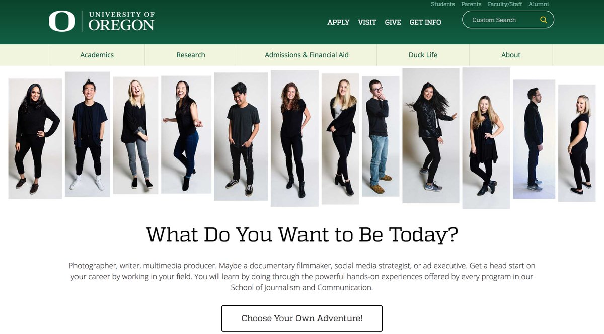 UOsojc's tweet photo. Have you checked out the homepage for @uoregon lately? It features an immersive story with 12 students who all had hands-on learning opportunities through the SOJC, the theme for our #DucksGive challenges: https://t.co/ZbKowzWBVC 💛💚💛💚 https://t.co/dvnNZDhrVe