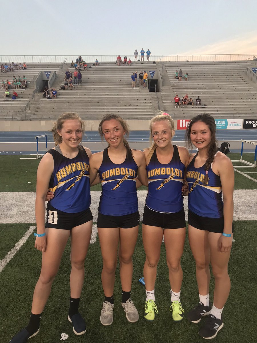 Probably the youngest team at state — three freshman and one sophomore — Humboldt’s 4x100 shuttle hurdle relay team of Lily Groat, Kailee Dettmann, Jori Hajek and Claire Varangkounh place 3rd in their heat with a time of 1:10.50. #iahstrk