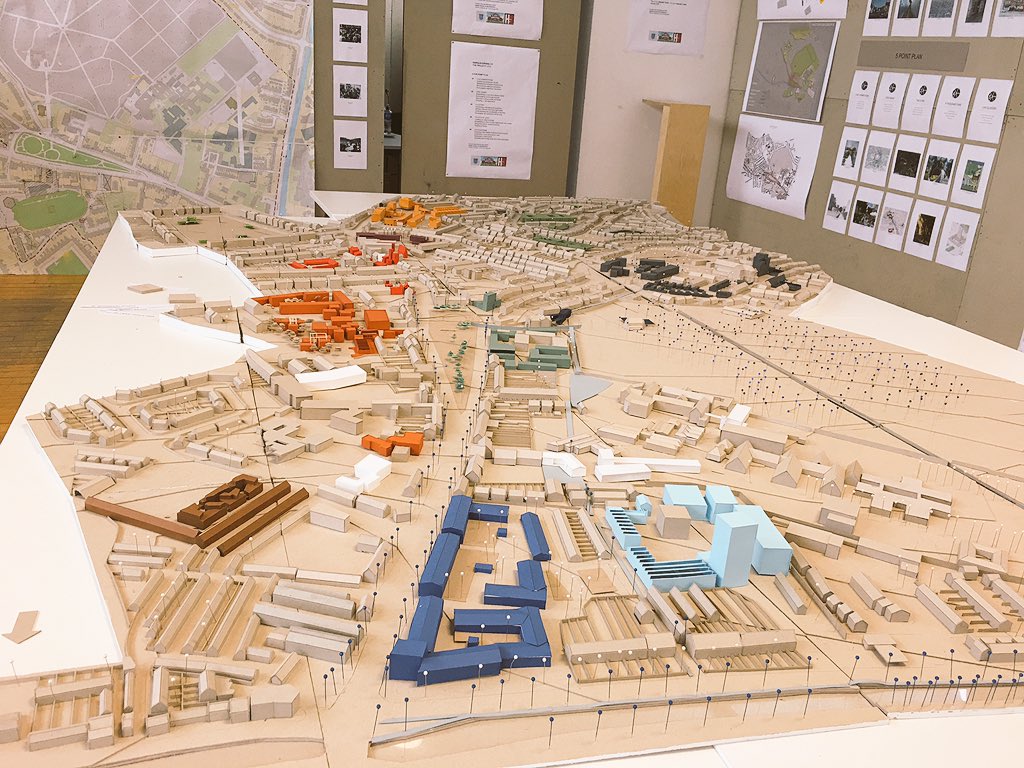 Harold's Cross live 2018 masterplan model in scale 1:500, with each design cluster proposal given a different colour #architect #DIT #architecture #Dublin