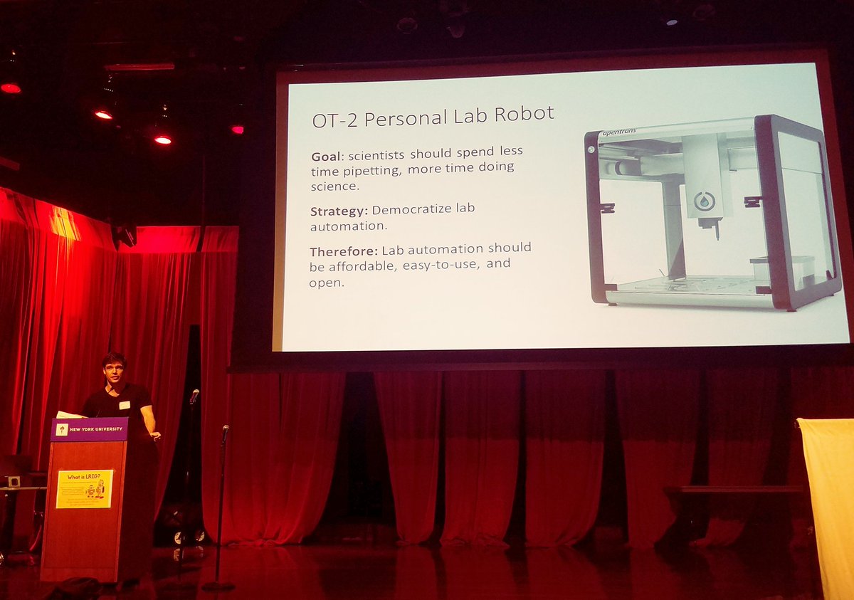 opentrons's tweet photo. Our co-founder (and @ITP_NYU alum) @willcanine presented the OT-2 to a captive #LRIG audience at @nyuniversity tonight! It was great to network with academics, students, and other #robotics + #biology nerds like us! 🤓🤖 https://t.co/RWLH1ssAtU
