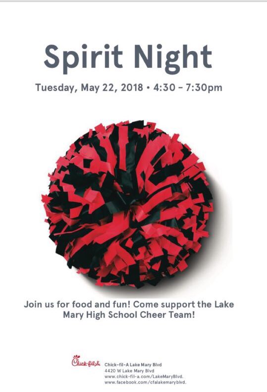 This upcoming Tuesday, May 22nd, come join the Lake Mary Cheerleaders at Chick-Fil-A and help support this incredible program at our spirit night!! Eat some tasty chicken and support your rams! 🎀🐏