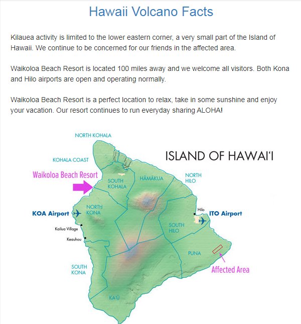 KilaueaEcoGuide's tweet photo. Mahalo to @HiltonWaikoloa for helping to clarify that only a very small portion of the Big Island of Hawai'i is being affected by the current eruption changes!

#kilauea #halemaumau  #volcanovillage #lethawaiihappen #hawaiianairlines   #LeilaniEstatesEruption #hawaiiissafe #HI https://t.co/SzwcJzFRya