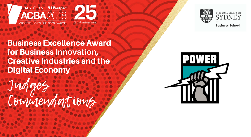 AustChamSH's tweet photo. Congratulations to @PAFC for earning Judges Commendations in the Business Innovation category at the 25th AustCham @Westpac #ACBA2018, recognized for demonstrating how sport can be used as a business platform between Australia and China, through bringing the AFL to China. https://t.co/y6s3SDkuki