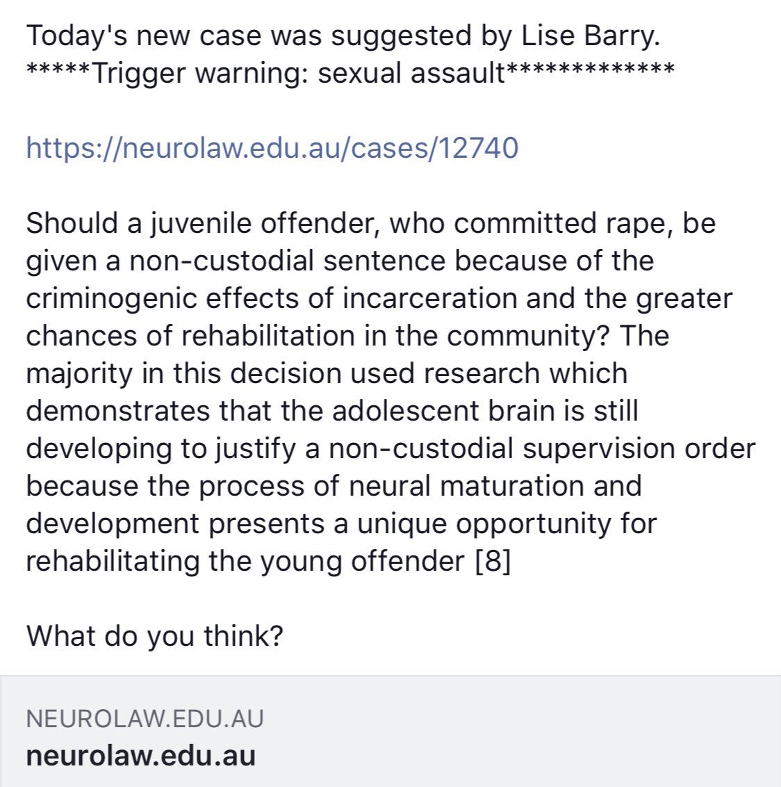 AusNeurolaw's tweet photo. LATEST: adolescent #brain plasticity mitigates sentencing of sex offender due to enhanced #reform potential. More details at the Australian #Neurolaw Database https://t.co/YzAjNWjOhO https://t.co/2Yf157TNAh