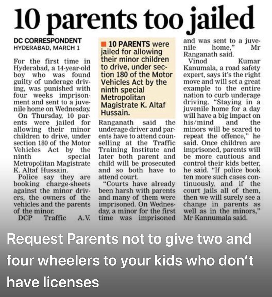Parents were jailed for allowing their minor children to drive, Under Section 180 of Motor Vehicle Act (MVA)
#TrafficSafety #TrafficAlert 
#AlwaysObeyTrafficRules