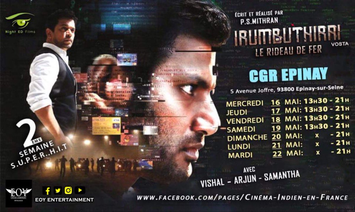 #IrumbuThiraiSuccess 🇫🇷 
here’s second week showtime of action packed #IrumbhuThirai in cinemas france @MegaCGRepinay . film with @VishalKOfficial @Samanthaprabhu2 etc.