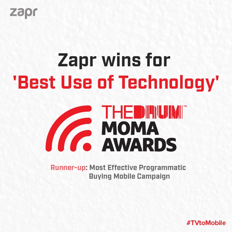 zaprindia's tweet photo. Zapr wins The Drum MOMA Awards for 'Best Use of Technology' with innovative TV-to-Mobile targeting. Want to know how this works? Watch now - https://t.co/xuBuXp33ZB
#MOMAawards #TVToMobile #Technology #Media #Marketing #Advertising https://t.co/LCfGT8qQDS