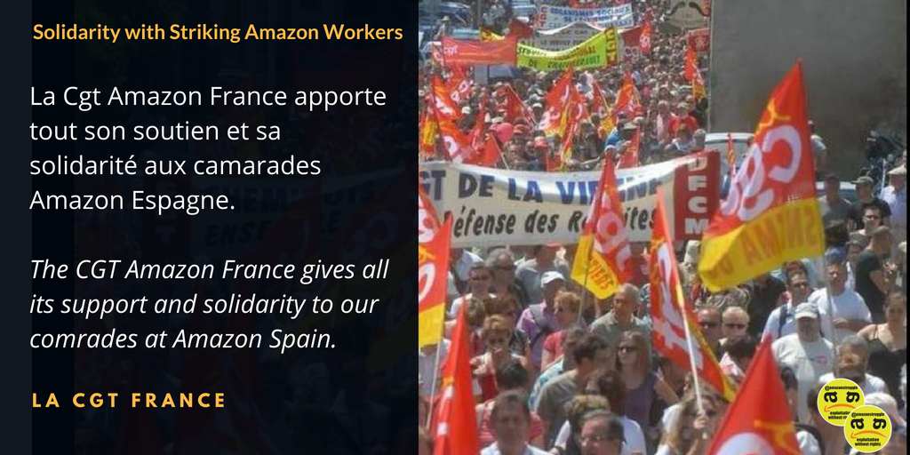 uniglobalunion's tweet photo. We join the the @lacgtcommunique in solidarity with Spanish Amazon workers striking against abusive of zero hour contracts and exploitative working conditions. #1u https://t.co/9RmZInB3xF