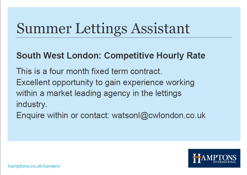 HamptonsSheen's tweet photo. Do you know anyone that is looking to get into the property industry? We have a four month contract, full time covering South West London. Starting in June! Please either message us direct or call 020 8618 4550. #recruitment #JobVacancy #ApplyNow https://t.co/xE6ihQfuGA