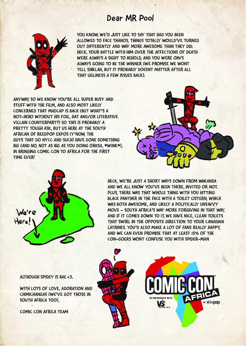 ComicConAfrica's tweet photo. Hey Wade @VancityReynolds @deadpoolmovie @Marvel, we dare you to respond! #GetRyanReynoldsToRespondToComicConAfrica #deadpool #deadpool2 #deadpoolmovie #ryanreynolds #marvel #ComicConAfrica #reedexpoafrica #reedpop https://t.co/PQZNqCuPTB