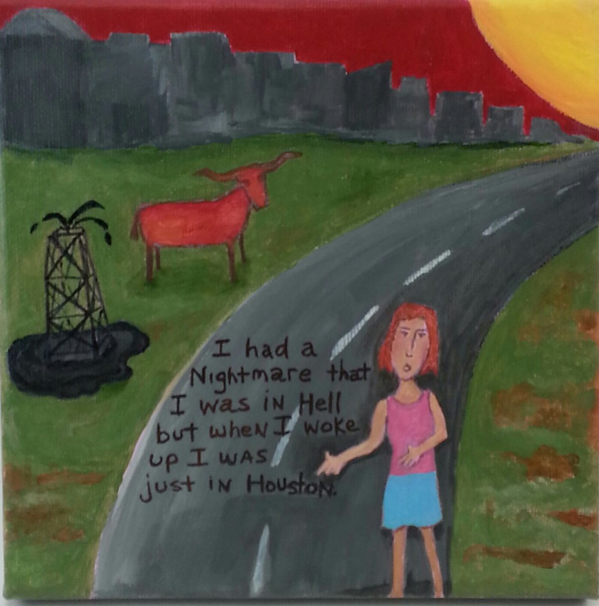 FolksyShark's tweet photo. One of my first paintings from a few years ago. It was a hellish day in August and I was angry at the stifling heat and humidity and crappy air quality. Painting this made me feel better. #SummerInHouston https://t.co/xpMLMYTIgA