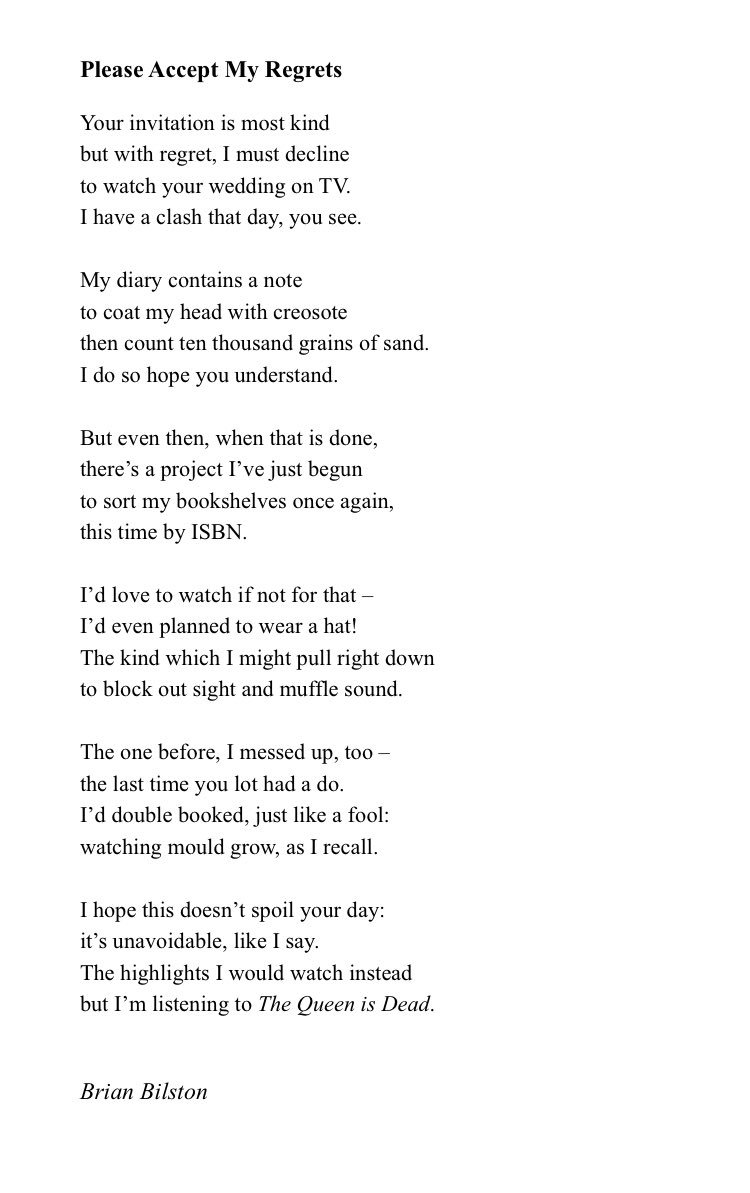 Brian Bilston I Have An Unavoidable Clash On Saturday Which Means I Will Miss The Royal Wedding I Ve Written A Poem By Way Of An Apology It S Called Please Accept Brian Bilston I Have An Unavoidable Clash On Saturday Which Means I Will Miss The Royal Wedding I Ve Written A Poem By Way Of An Apology It S Called Please Accept