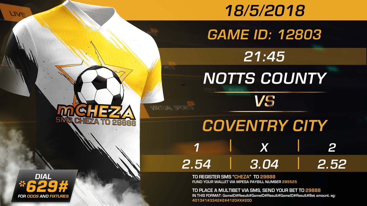 MchezaKE's tweet photo. England - League 2:: play-off

NOTTS COUNTY VS COVENTRY CITY  - 21:45

Visit https://t.co/Tyz6YGsaNf and fund your wallet ONLINE or Via Paybill 295525. LIVE play all day including full match statistics, all new virtual games and fantasy games #ChezaNamCHEZA https://t.co/oLv98nAYmv