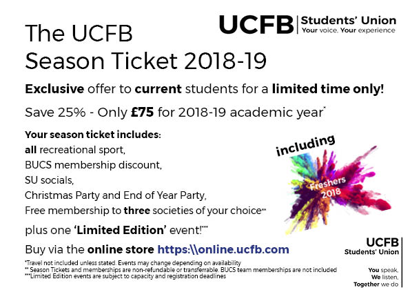 UCFB_WC_SE's tweet photo. Early bird UCFBSU Season Ticket Offer - 25% off!

Returning students' we are offering you the chance to purchase a season ticket at the discounted rate of £75

The deadline is the 18th June so act fast to secure your season ticket!

Buy here: https://t.co/0E0WzqFEb4 https://t.co/lLUDZDbmEO
