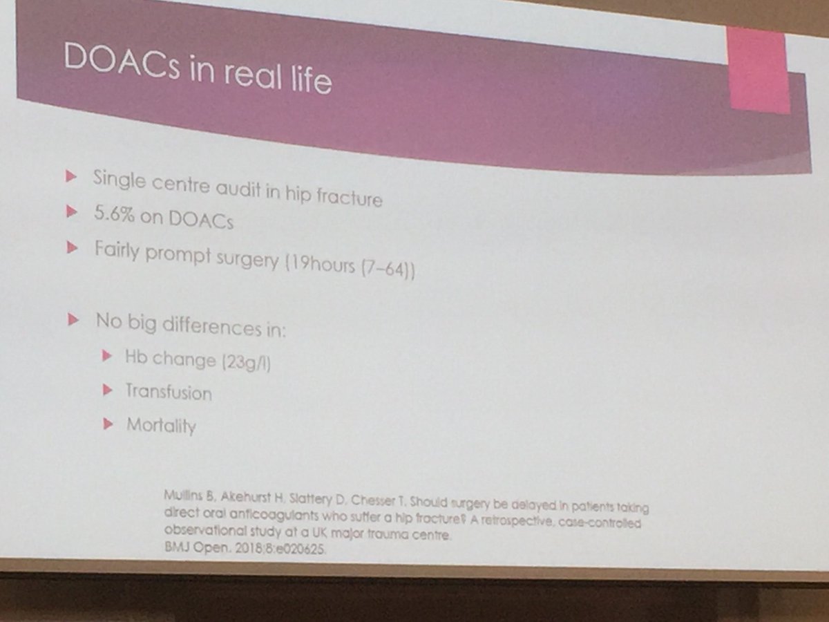 AmyLCrees's tweet photo. Audit of 63 pts with #NOF on DOACs. No big diff in mortality, Hb, transfusion @IainMoppett #AAABGS #aaaconf #BGSconf https://t.co/ElWAe1nhgx