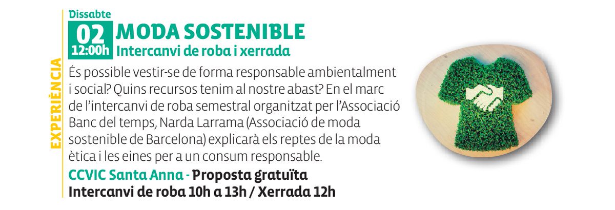 CCivicsVic's tweet photo. [PROPOSTES - MODA SOSTENIBLE]
👕♻️Els reptes de la moda ètica i les eines per un consum responsable. Amb Narda Larrama de @modasosbcn, en el marc de l’intercanvi de roba semestral del Banc del Temps
📅 2 juny | 🕛 12h
📍@ccvicsantaanna
🆓 Gratuït | ℹ️https://t.co/uv3rFZ2zWa https://t.co/0lcl3I0NEu
