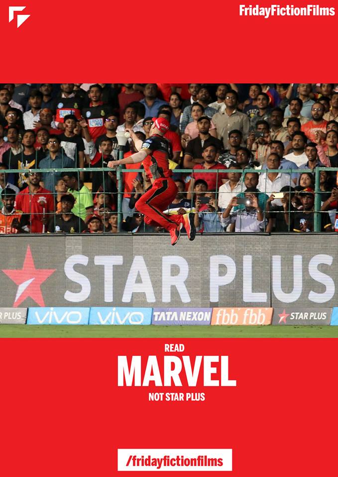 F4Films's tweet photo. When a Marvel character visits a cricket ground #VIVOIPL2018 #AbDevillers @RCBTweets @ABdeVilliers17 #FridayFictionFilms https://t.co/E1jxIRqd9V