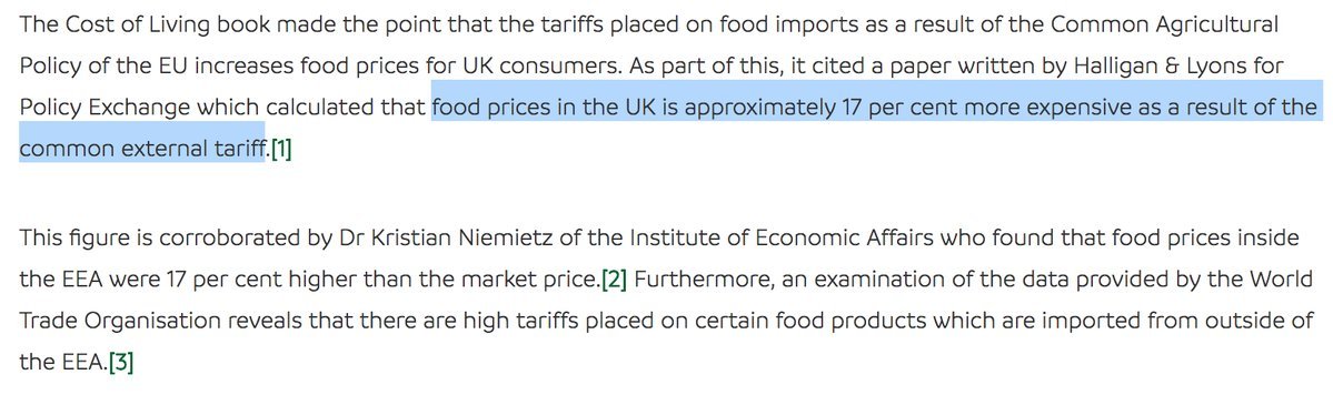 9/36The blog post by @jamesprice_tpa says that Chloe was referencing a book written by Ben Ramanauskas called "Why the Cost of Living is so High" that cited a paper by Halligan & Lyons that calculated that food prices were 17% more expensive due to the Common External Tariff.