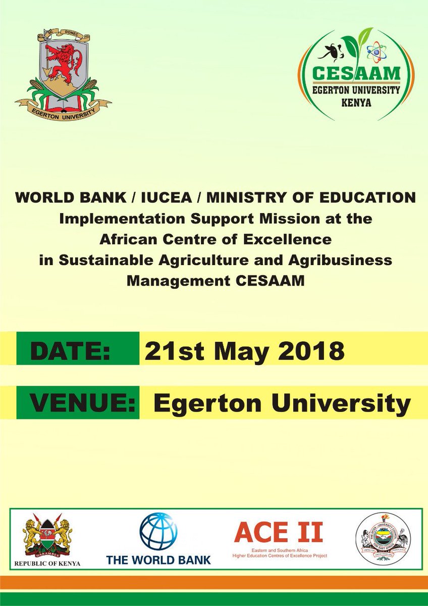 CESAAM_EGERTON's tweet photo. Upcoming activity at ACE II -  @CESAAM_EGERTON. We look forward to these important consultations with our development partners @WorldBankKenya @Ace2Africa @iucea_info @TheHiveAfrica @egertonunikenya #ImplementationSupportMission https://t.co/6b0BmQoNUW