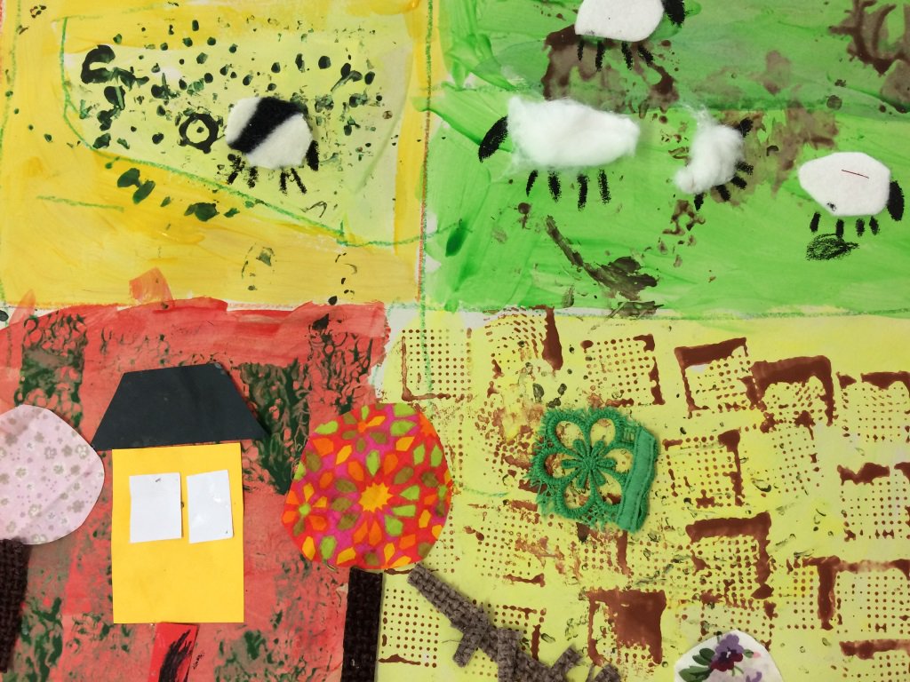 ParagonBath's tweet photo. Patchwork farms by Reception Class. Print making, painting and collage. #FarmTopic #ParagonArt https://t.co/k8YxTReHMw
