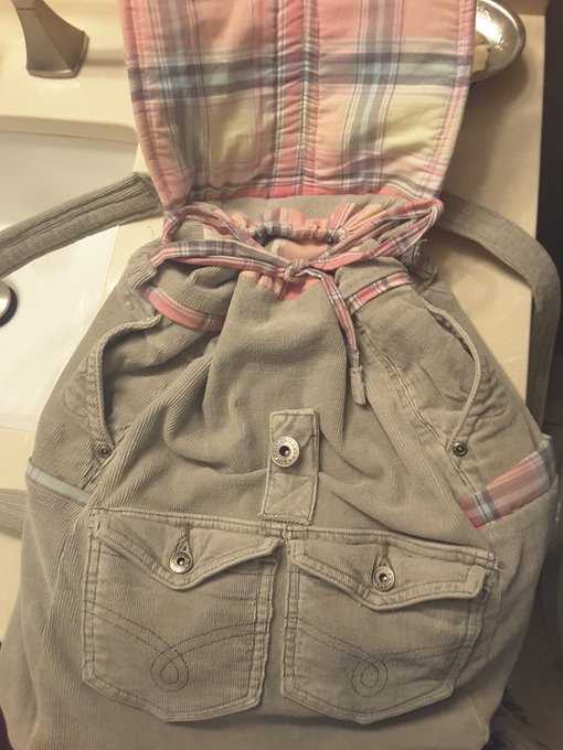 Took me two days to make this backpack from an old pair of corduroy jeans and a pair of pajama bottoms