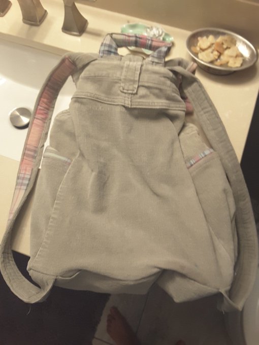 Took me two days to make this backpack from an old pair of corduroy jeans and a pair of pajama bottoms