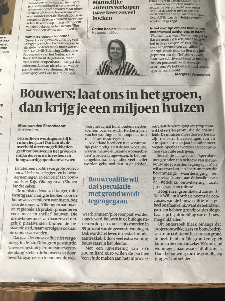 Uiterst gevaarlijke oproep in <a href="/volkskrant/">de Volkskrant</a> van -belanghebbende -projectontwikkelaars en bouwbedrijven om meer te mogen bouwen in het groen. Dan kunnen we de #biodiversiteit helemaal vergeten!  Blijf binnen de stad! <a href="/minlnv/">Minlvvn</a> <a href="/KajsaOllongren/">Kajsa Ollongren</a> <a href="/BNA_nl/">BNA</a> <a href="/OnnoDwars/">Onno Dwars</a>