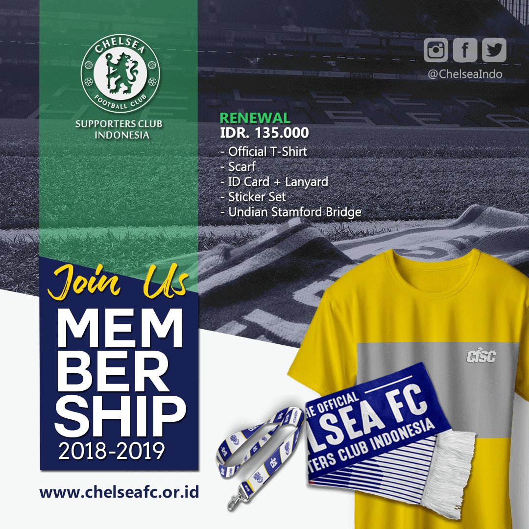 CISCcianjur's tweet photo. 1. GOLD TIER: Rp. 150.000 (Official T-shirt, Scarf, ID Card + Lanyard, Sticker set, dan Undian Stamford Bridge)
2. RENEWAL: Rp. 135.000 (Official T-shirt, Scarf, ID Card + Lanyard, Sticker set, dan Undian Stamford Bridge)
3. BLUE TIER: Rp. 50.000 (ID Card + Lanyard, Sticker set) https://t.co/De1FeI1vCa