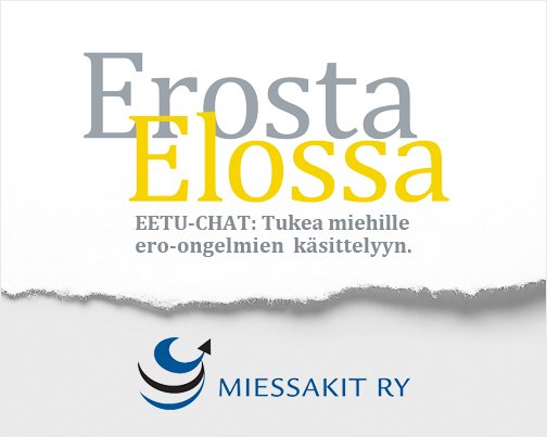 TukinetNet's tweet photo. #Mies, oletko #eronnut tai eroamassa ja haluaisit keskustella siitä toisten miesten kanssa? Tule #Tukinet'tiin @Miessakit järjestämään anonyymiin EETU-chattiin vaihtamaan ajatukisa. Seuraava chat on ma 21.5. klo 21-23! https://t.co/LmRdfU8pzt #ero #vertaistuki https://t.co/SQoekDTHRR