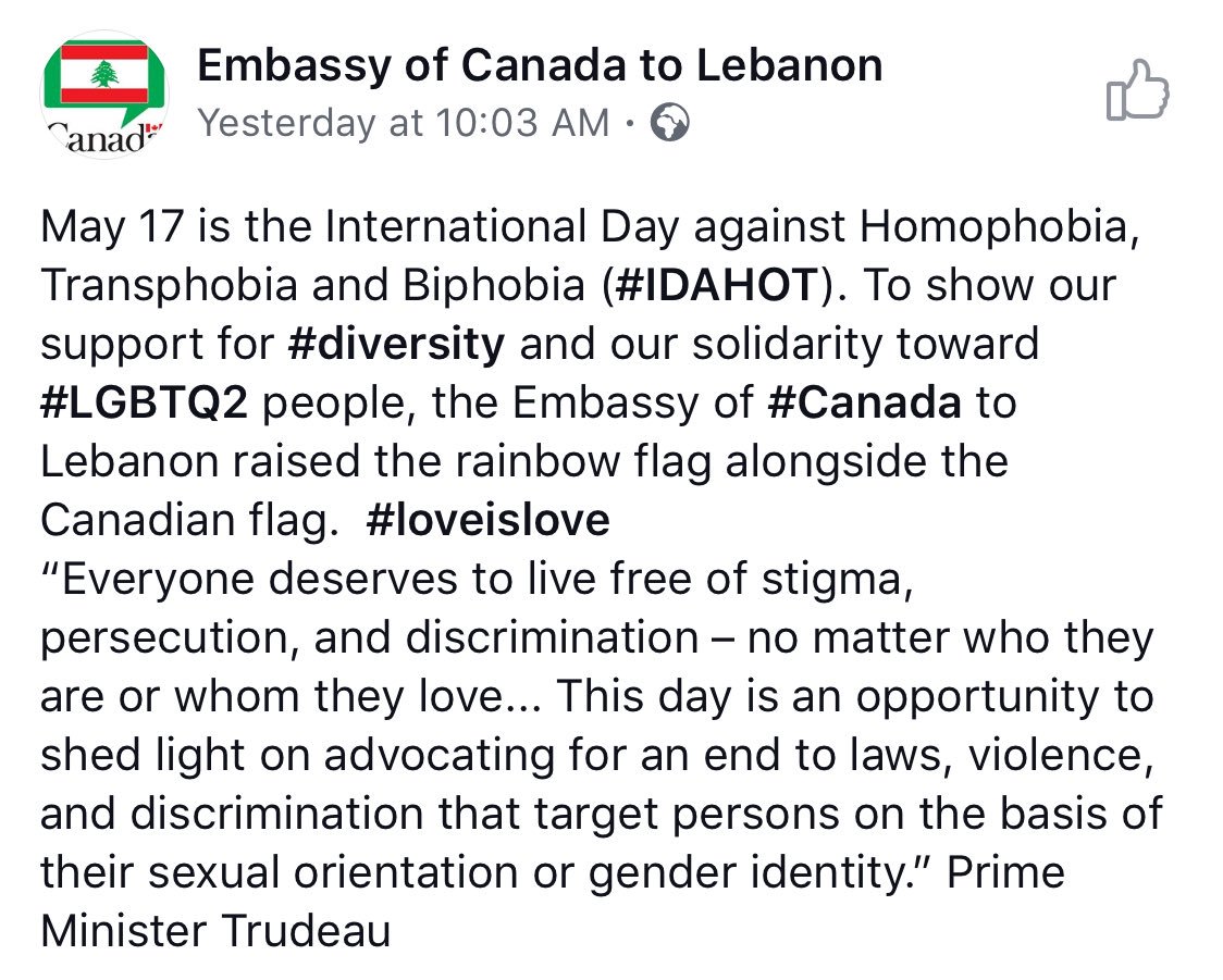 LGBT_Lebanon's tweet photo. THE #EMBASSY OF #CANADA TO #LEBANON 😍😍😍😍 #LGBT #LGBTQ #LoveIsLove #IDAHOT2018 #BeirutPride #BeirutPride2018 #RainbowFlag #Rainbow https://t.co/ofhSY25JRw