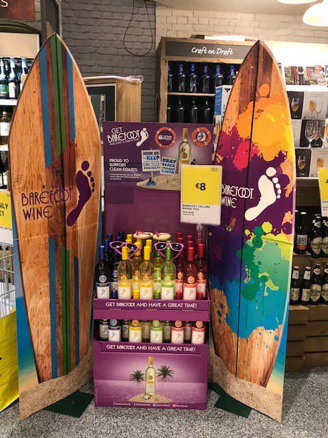 CleanCoasts's tweet photo. If you are around Bray check out the Clean Coasts @BarefootWine #BeachRescueProject displays in off-licences. Really looking forward to the #beachclean and BBQ tomorrow. We start on #Bray beach at 2pm & then on to #ButlerandBarry at 3.30pm. https://t.co/0EN9vYLk8J https://t.co/YHAJHM4aPc