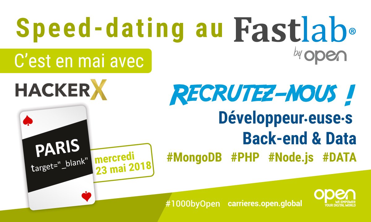 MyJOB_byOpen's tweet photo. ♠ ♦Développeurs Back-end/Data, Recrutez-nous ! ♣ ♥
RDV le 23 mai lors du speed-dating recrutement @HackerXEvents !
En exclusivité dans notre @Fastlab_byOpen
Alors, envie de rejoindre l'aventure digitale #byOpen ? Par ici !:https://t.co/cwHQsOHH2l https://t.co/rNPb6YQCFU