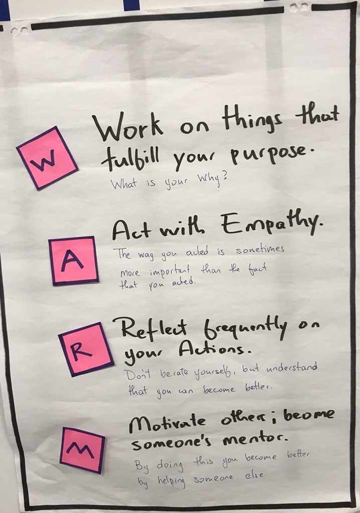 haroldcampbell's tweet photo. My take on being WARM. 

W-work on things that fulfill your purpose. 
A-act with Empathy. 
R-Reflect on your actions frequently. 
M-motivate others. https://t.co/N5ObkP8owh