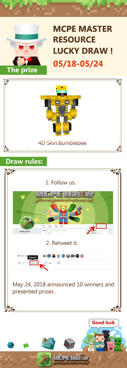 mcpemaster99's tweet photo. Lucky draw has come again! The prize is the 4D skin of Bumblebee!!
Please follow our rules.Just follow us and retweet this tweet so you have a chance to get this skin!
#MinecraftSkin #Minecraft #mcpe #mcpemaster #Bumblebee

MCPE Master - [4D]Bumblebee https://t.co/8yDUa888vC https://t.co/nHQ2MyozYA