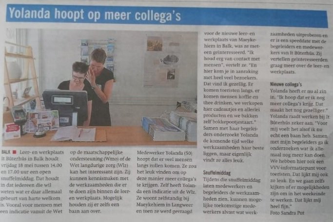 Onze Yolanda wordt nog een beroemdheid. Ze schittert nu in de <a href="/balkstercourant/">Balkster Courant</a> en vertelt over haar nieuwe werkplek. Vanmiddag is het open huis in It Bûterhûs in Balk tussen 14.00 en 17.00 uur! Tot vanmiddag! #dagbesteding #Wlz #Wmo