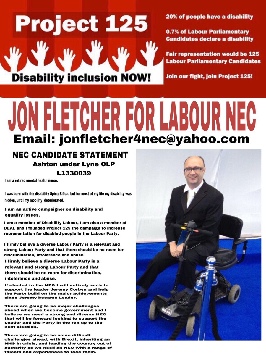 JonFletcherAUL's tweet photo. @BarryGardiner I am proud to be standing as a candidate in the #LabourNEC election on the #Project125 slate.  We are the only slate where the candidates have been open from the outset about the #disabilities we have and proud of it. https://t.co/HqeS96W1mh