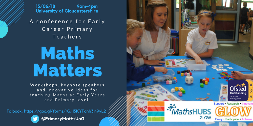 PrimaryMathsUoG's tweet photo. Make it your mission today to sign up for #MathsMatters18 if you are early career primary teacher - inspiring keynotes and workshops planned for June 15th @uniofglos 
#mathschat #mathscpdchat #NQT #RQT

Book now! https://t.co/e8nezBy2Vq https://t.co/pYvkEdbD87